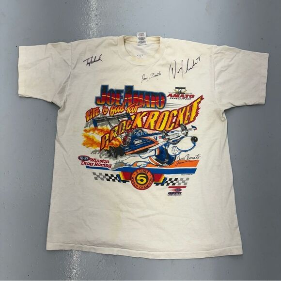 Vintage 90s Joe Amato Snoopy NHRA Winston Drag Racing T Shirt Signed
